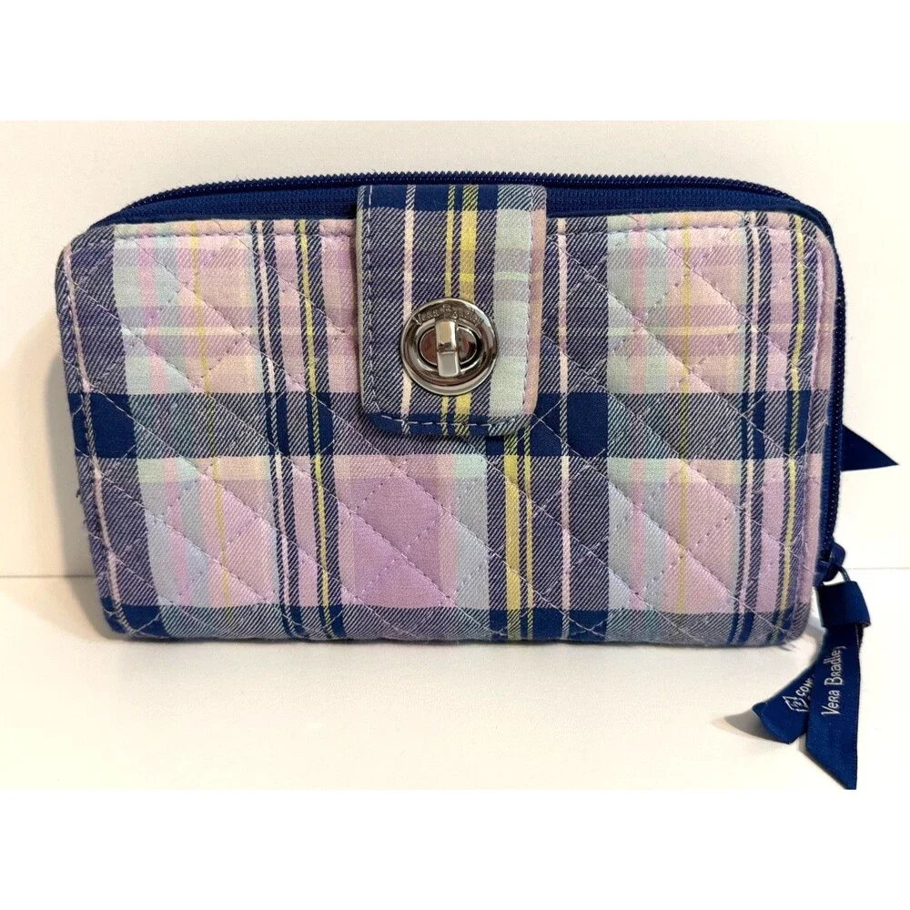 Vera Bradley Amethyst Plaid RFID Turnlock and Zip Wallet Great Condition